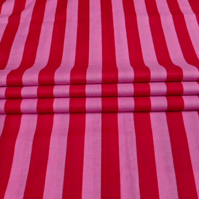 Hand-Printed Striped Cotton Fabric – Pink/Red, by the Yard
