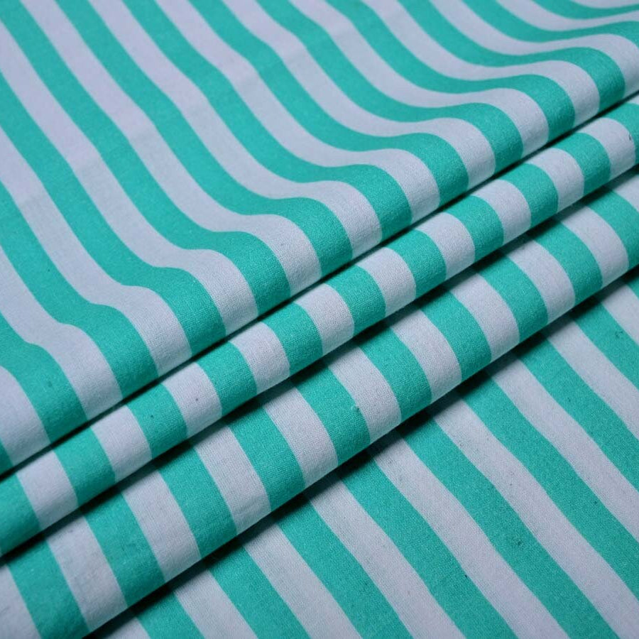 Hand-Printed Striped Cotton Fabric –Teal/Blue, by the Yard